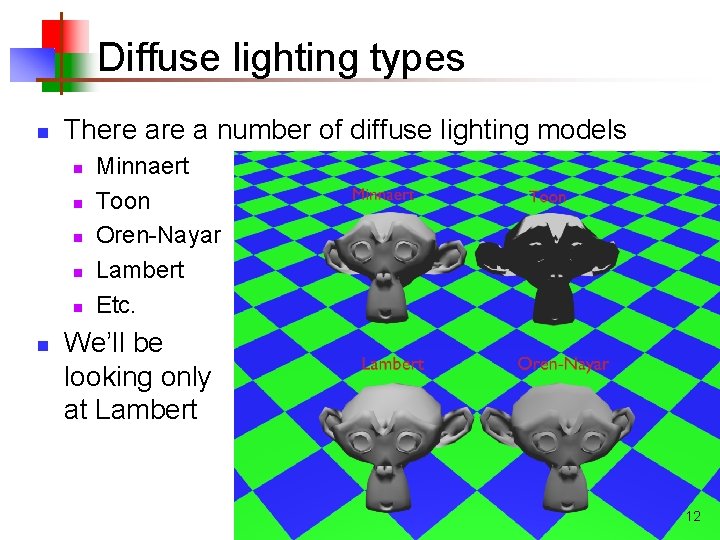 Diffuse lighting types n There a number of diffuse lighting models n n n Diffuse lighting types n There a number of diffuse lighting models n n n