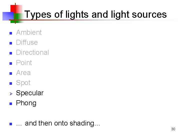 Types of lights and light sources n Ambient Diffuse Directional Point Area Spot Specular Types of lights and light sources n Ambient Diffuse Directional Point Area Spot Specular