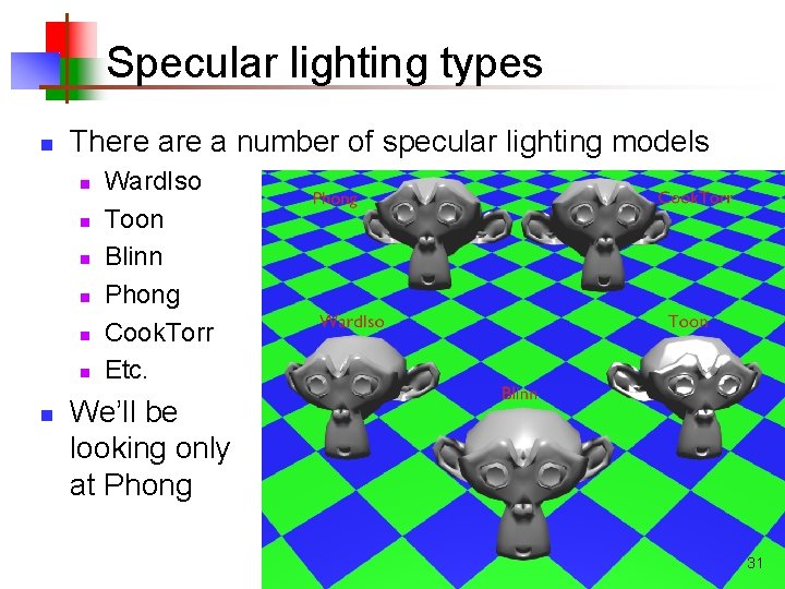 Specular lighting types n There a number of specular lighting models n n n Specular lighting types n There a number of specular lighting models n n n