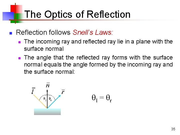 The Optics of Reflection n Reflection follows Snell’s Laws: n n The incoming ray The Optics of Reflection n Reflection follows Snell’s Laws: n n The incoming ray