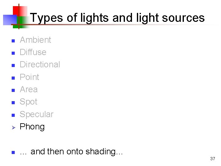 Types of lights and light sources Ø Ambient Diffuse Directional Point Area Spot Specular Types of lights and light sources Ø Ambient Diffuse Directional Point Area Spot Specular