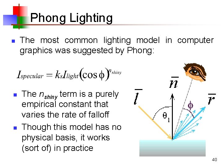 Phong Lighting n n n The most common lighting model in computer graphics was Phong Lighting n n n The most common lighting model in computer graphics was