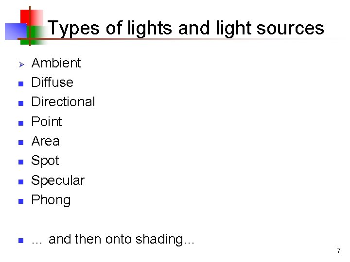 Types of lights and light sources n Ambient Diffuse Directional Point Area Spot Specular Types of lights and light sources n Ambient Diffuse Directional Point Area Spot Specular