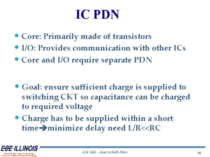 IC PDN • Core: Primarily made of transistors • I/O: Provides communication with other