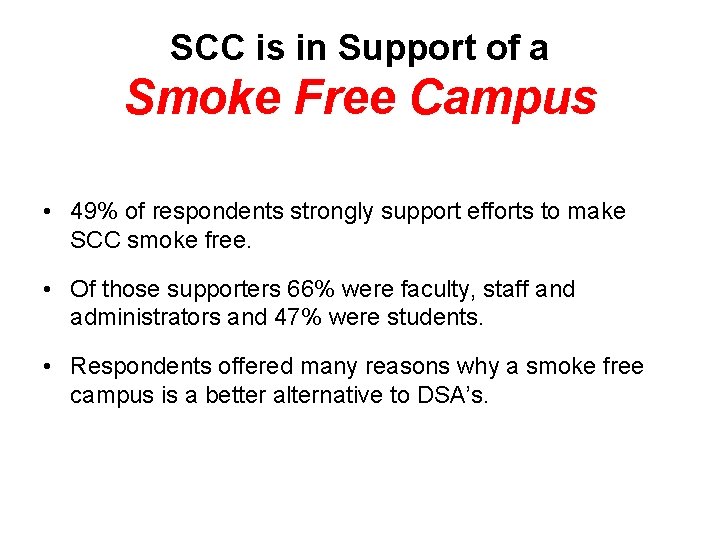 SCC is in Support of a Smoke Free Campus • 49% of respondents strongly
