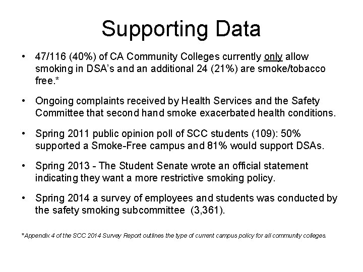 Supporting Data • 47/116 (40%) of CA Community Colleges currently only allow smoking in