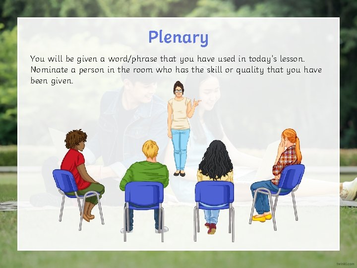 Plenary You will be given a word/phrase that you have used in today’s lesson.