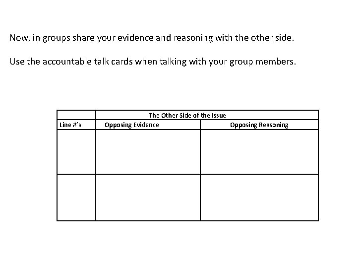 Now, in groups share your evidence and reasoning with the other side. Use the