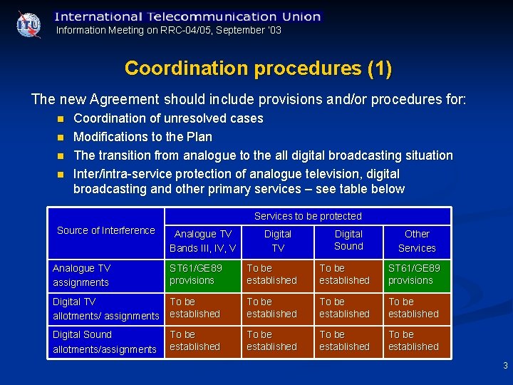 Information Meeting on RRC 04/05, September ’ 03 Coordination procedures (1) The new Agreement