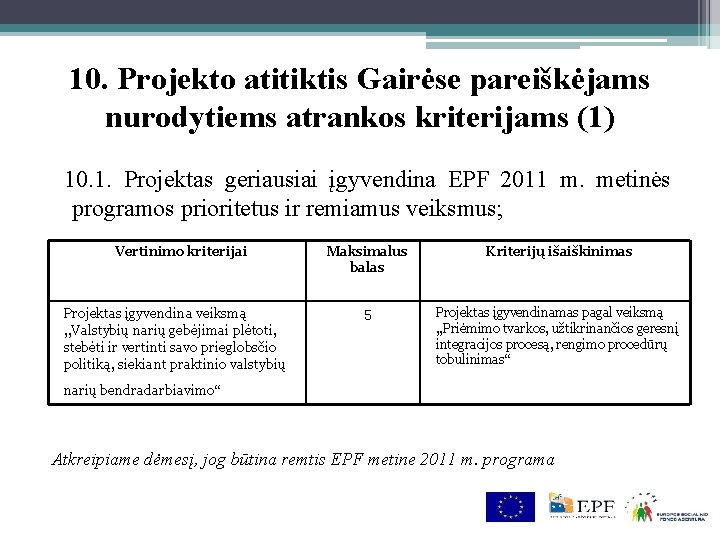 10. Projekto atitiktis Gairėse pareiškėjams nurodytiems atrankos kriterijams (1) 10. 1. Projektas geriausiai įgyvendina