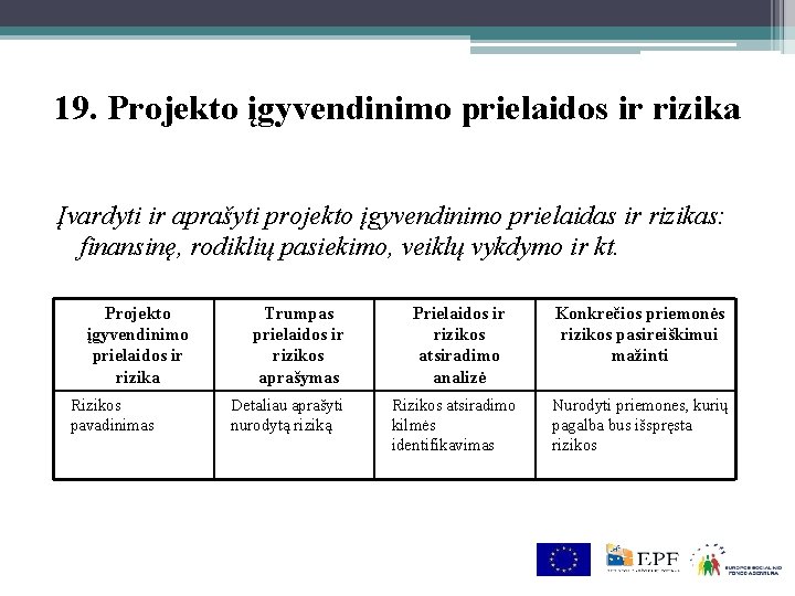 19. Projekto įgyvendinimo prielaidos ir rizika Įvardyti ir aprašyti projekto įgyvendinimo prielaidas ir rizikas: