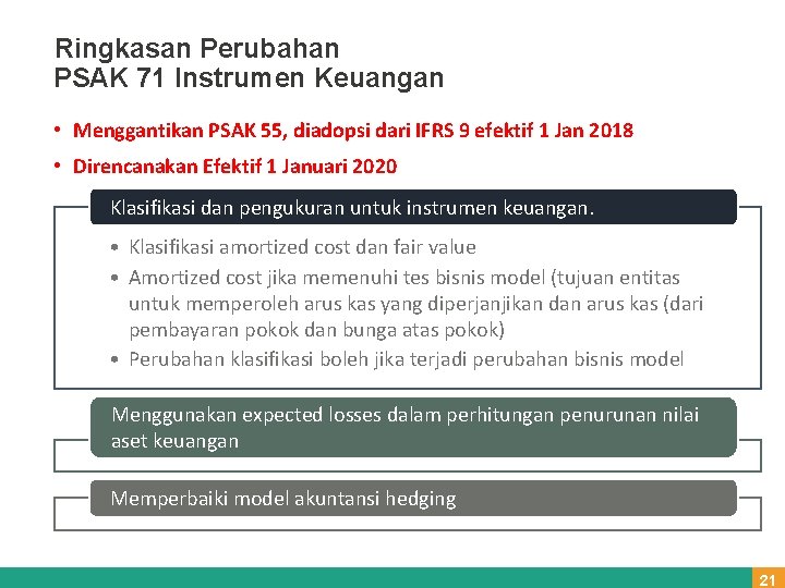 Ringkasan Perubahan PSAK 71 Instrumen Keuangan • Menggantikan PSAK 55, diadopsi dari IFRS 9