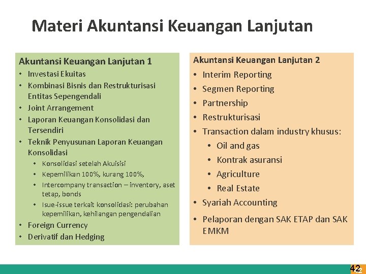 Materi Akuntansi Keuangan Lanjutan 1 Akuntansi Keuangan Lanjutan 2 • Investasi Ekuitas • Kombinasi