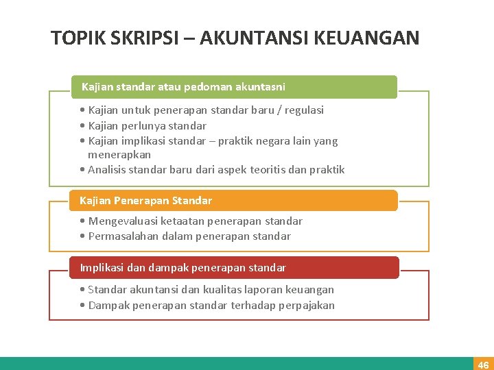 TOPIK SKRIPSI – AKUNTANSI KEUANGAN Kajian standar atau pedoman akuntasni • Kajian untuk penerapan