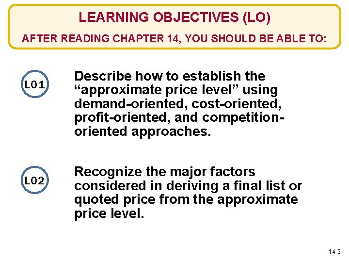 LEARNING OBJECTIVES (LO) AFTER READING CHAPTER 14, YOU SHOULD BE ABLE TO: LO 1