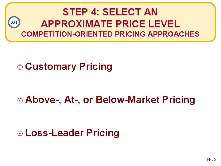 LO 1 STEP 4: SELECT AN APPROXIMATE PRICE LEVEL COMPETITION-ORIENTED PRICING APPROACHES Customary Above-,