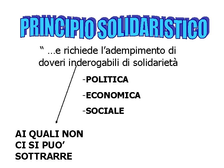 “ …e richiede l’adempimento di doveri inderogabili di solidarietà -POLITICA -ECONOMICA -SOCIALE AI “ …e richiede l’adempimento di doveri inderogabili di solidarietà -POLITICA -ECONOMICA -SOCIALE AI