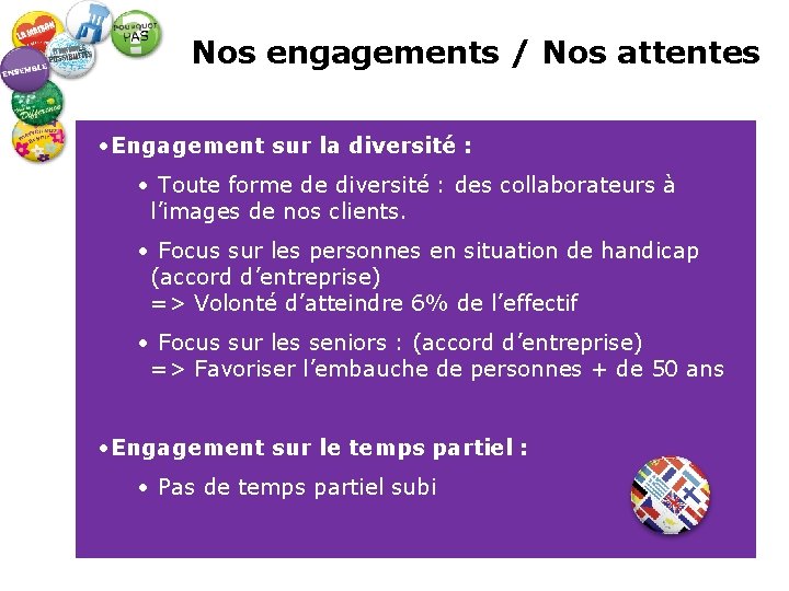 Nos engagements / Nos attentes • Engagement sur la diversité : • Toute forme