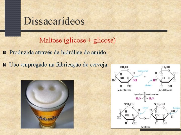 Dissacarídeos Maltose (glicose + glicose) Produzida através da hidrólise do amido, Uso empregado na