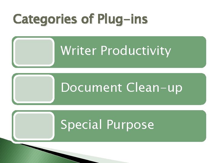 Categories of Plug-ins Writer Productivity Document Clean-up Special Purpose 