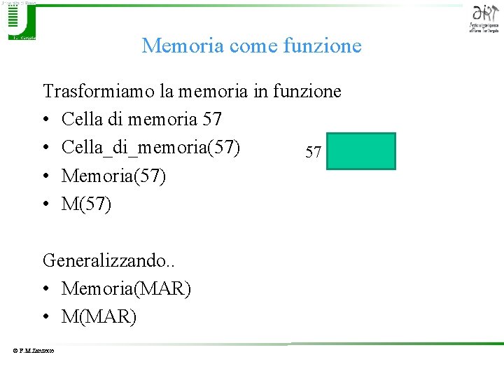 Memoria come funzione Trasformiamo la memoria in funzione • Cella di memoria 57 •