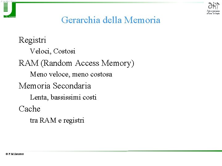Gerarchia della Memoria Registri Veloci, Costosi RAM (Random Access Memory) Meno veloce, meno costosa