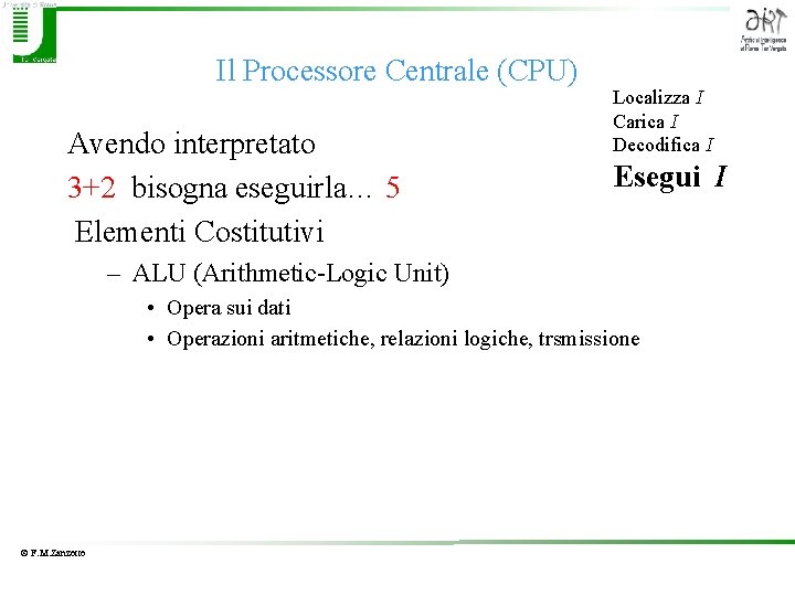 Il Processore Centrale (CPU) Avendo interpretato 3+2 bisogna eseguirla… 5 Elementi Costitutivi Localizza I