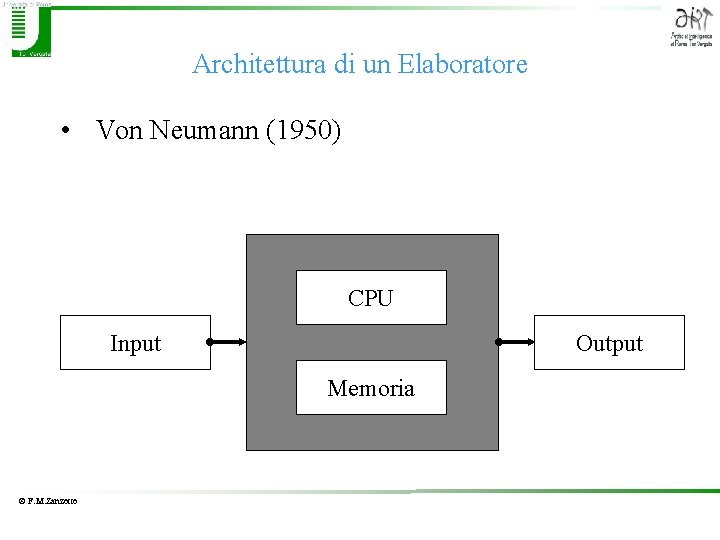 Architettura di un Elaboratore • Von Neumann (1950) CPU Input Output Memoria © F.