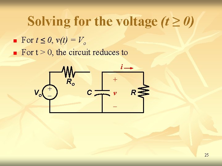 Solving for the voltage (t ≥ 0) n n For t ≤ 0, v(t) Solving for the voltage (t ≥ 0) n n For t ≤ 0, v(t)