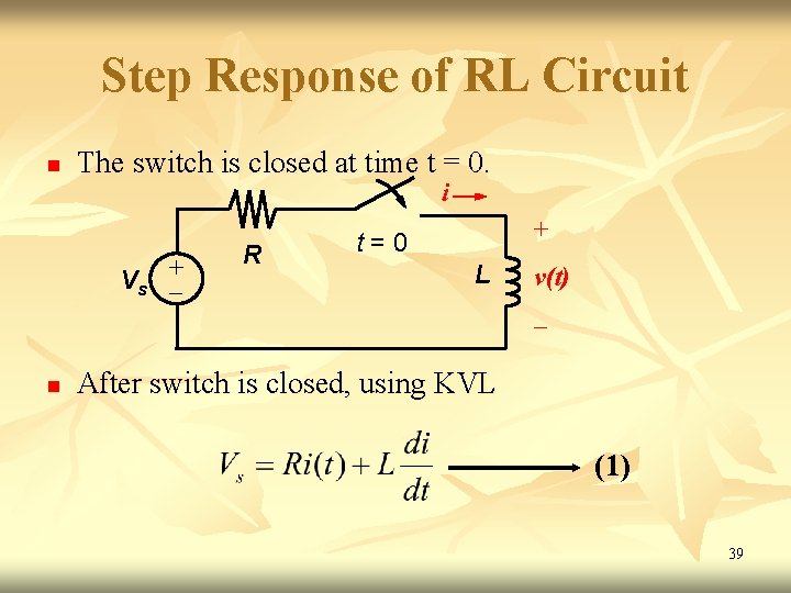 Step Response of RL Circuit n The switch is closed at time t = Step Response of RL Circuit n The switch is closed at time t =