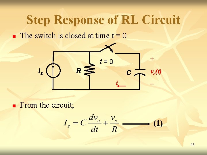 Step Response of RL Circuit n The switch is closed at time t = Step Response of RL Circuit n The switch is closed at time t =