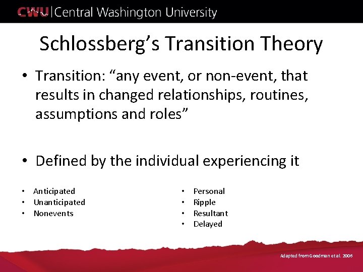 Schlossberg’s Transition Theory • Transition: “any event, or non‐event, that results in changed relationships, Schlossberg’s Transition Theory • Transition: “any event, or non‐event, that results in changed relationships,