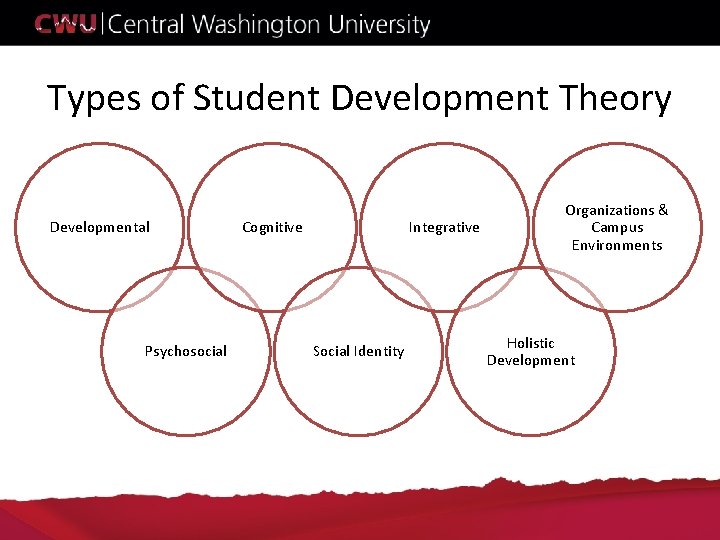 Types of Student Development Theory Developmental Psychosocial Cognitive Integrative Social Identity Organizations & Campus Types of Student Development Theory Developmental Psychosocial Cognitive Integrative Social Identity Organizations & Campus