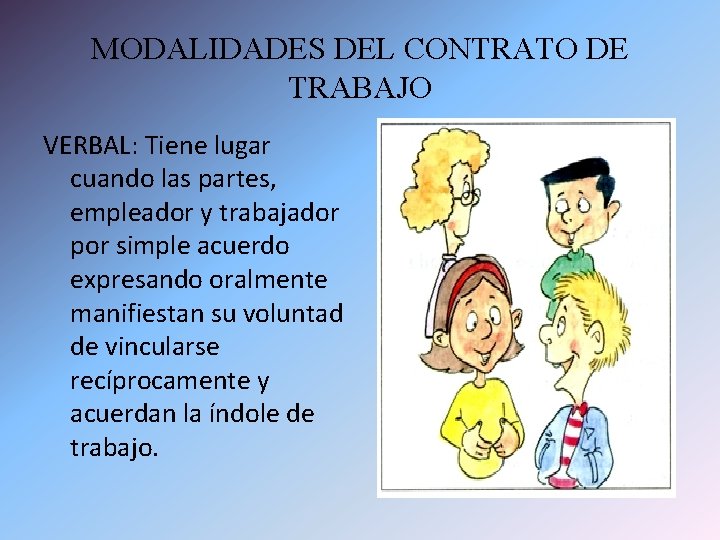 MODALIDADES DEL CONTRATO DE TRABAJO VERBAL: Tiene lugar cuando las partes, empleador y trabajador