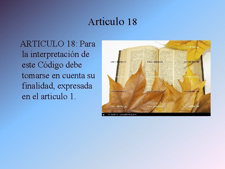 Articulo 18 ARTICULO 18: Para la interpretación de este Código debe tomarse en cuenta