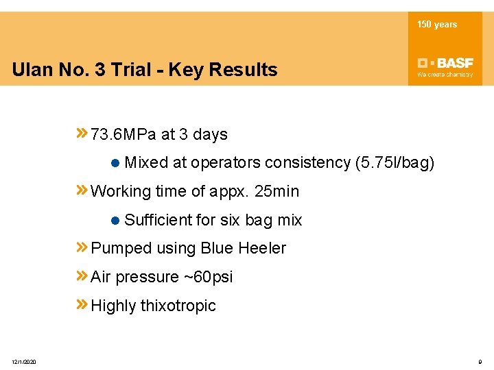 150 years Ulan No. 3 Trial - Key Results 73. 6 MPa at 3