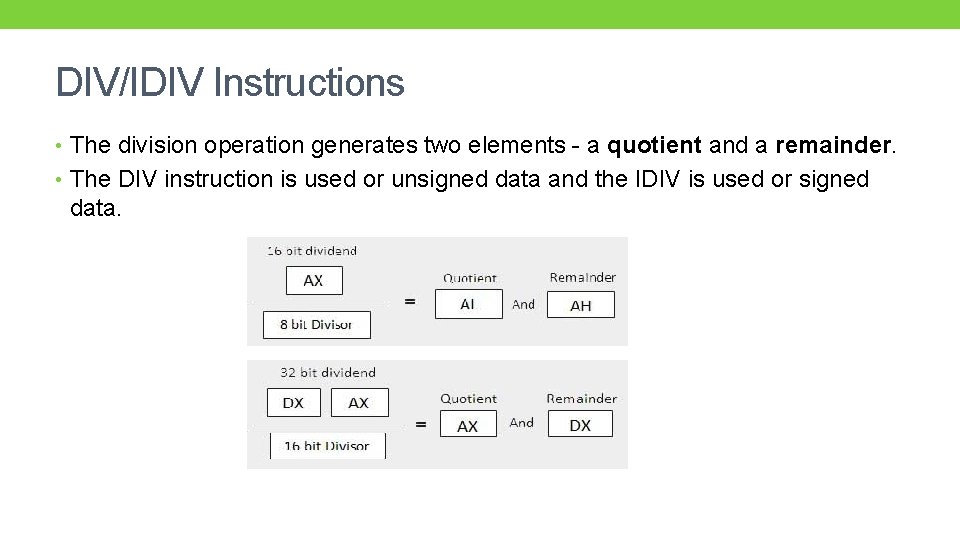 DIV/IDIV Instructions • The division operation generates two elements - a quotient and a DIV/IDIV Instructions • The division operation generates two elements - a quotient and a