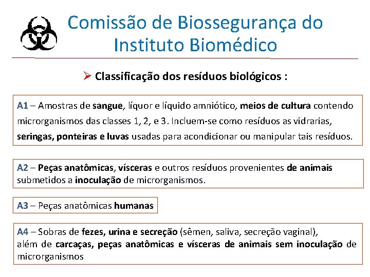 Comissão de Biossegurança do Instituto Biomédico Ø Classificação dos resíduos biológicos : A 1