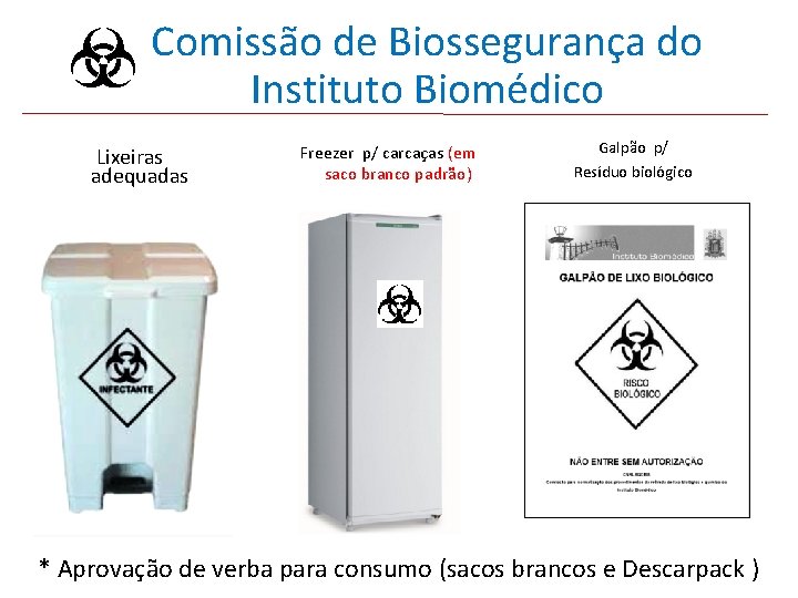 Comissão de Biossegurança do Instituto Biomédico Lixeiras adequadas Freezer p/ carcaças (em saco branco