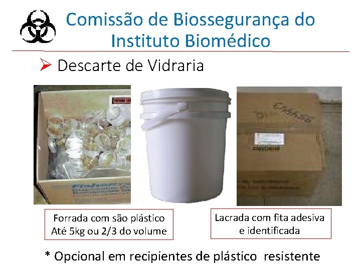 Comissão de Biossegurança do Instituto Biomédico Ø Descarte de Vidraria Forrada com são plástico