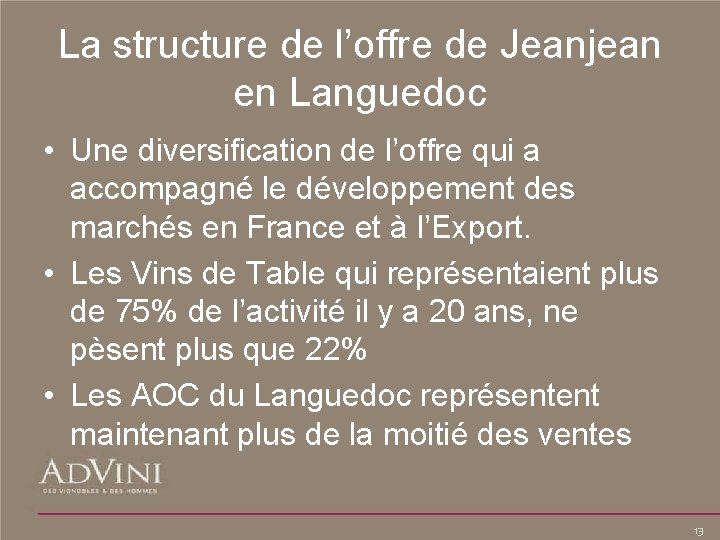 La structure de l’offre de Jeanjean en Languedoc • Une diversification de l’offre qui