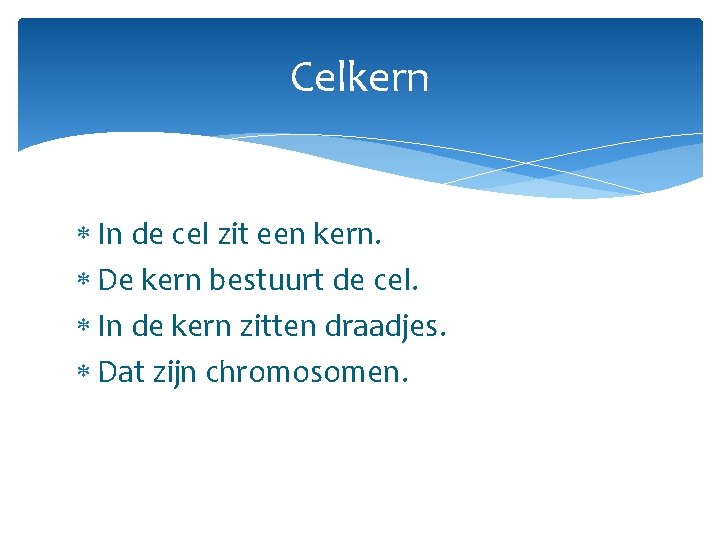 Celkern In de cel zit een kern. De kern bestuurt de cel. In de