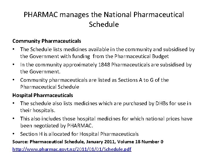PHARMAC manages the National Pharmaceutical Schedule Community Pharmaceuticals • The Schedule lists medicines available