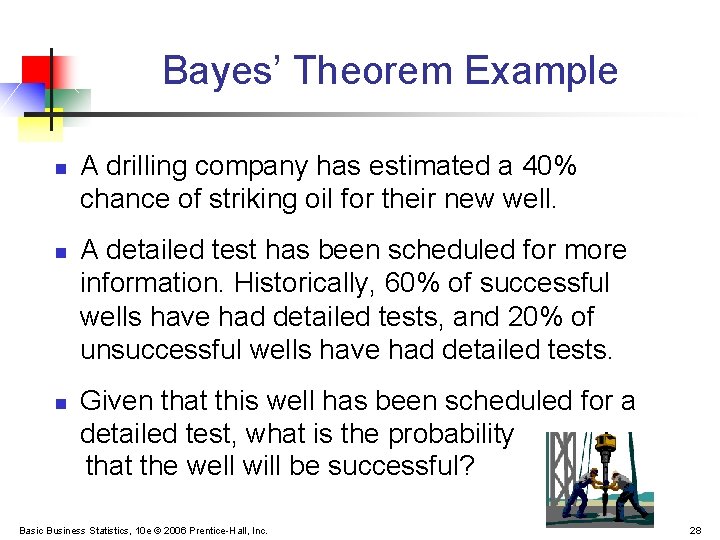 Bayes’ Theorem Example n n n A drilling company has estimated a 40% chance