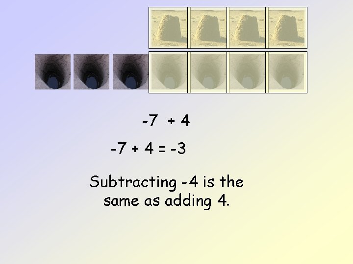 -7 + 4 = -3 Subtracting -4 is the same as adding 4. 