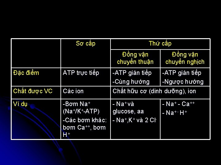 Sơ cấp Thứ cấp Đồng vận chuyển thuận Đồng vận chuyển nghịch Đặc điểm