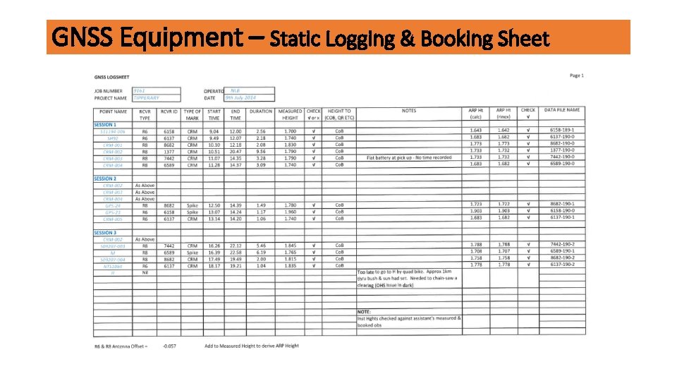 GNSS Equipment – Static Logging & Booking Sheet 