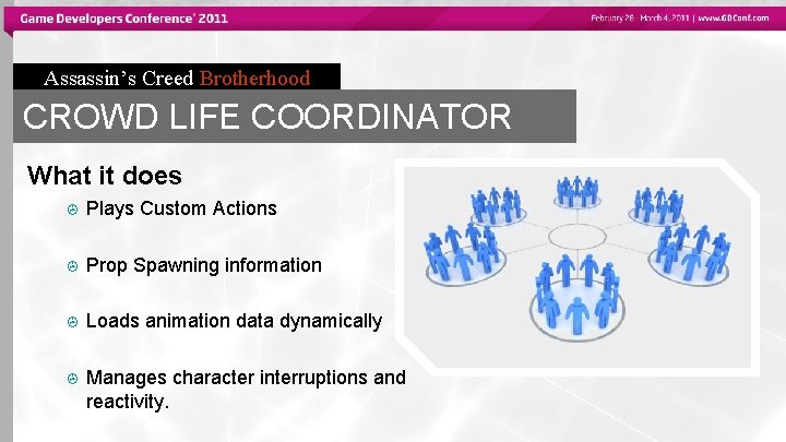 Assassin’s Creed Brotherhood CROWD LIFE COORDINATOR What it does > Plays Custom Actions >