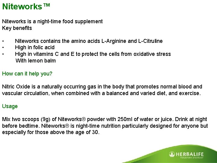 Niteworks™ Niteworks is a night-time food supplement Key benefits • • • Niteworks contains