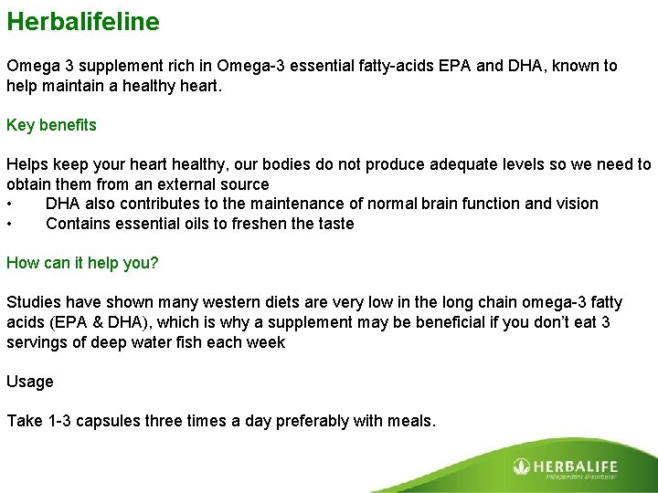 Herbalifeline Omega 3 supplement rich in Omega-3 essential fatty-acids EPA and DHA, known to